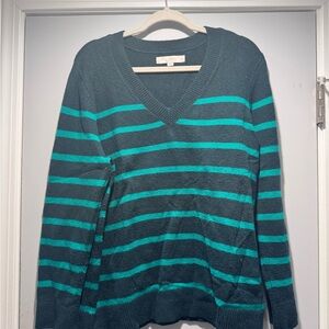 LOFT Teal and Aqua Striped V-Neck Sweater